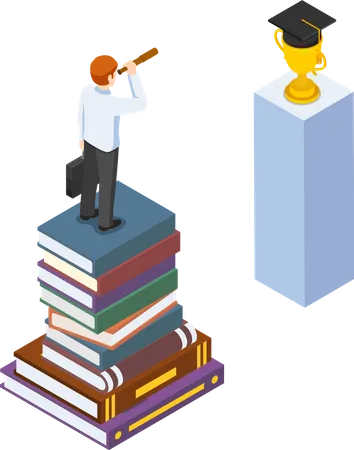 Flat 3 D Isometric Businessman Standing On Stack Of Books And Looking To Graduation Cap By Spyglass Education And Business Vision Concept Illustration