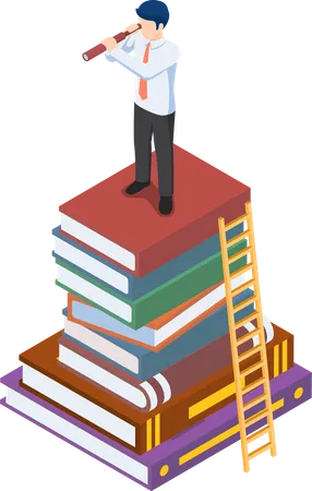 Flat 3 D Isometric Businessman Looking Through Telescope On Stack Of Book Business Vision And Education Concept Illustration