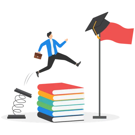 Student Boy Hold Book Jumping On A Trampoline To Gets Graduation Hat Education Level Concept Illustration
