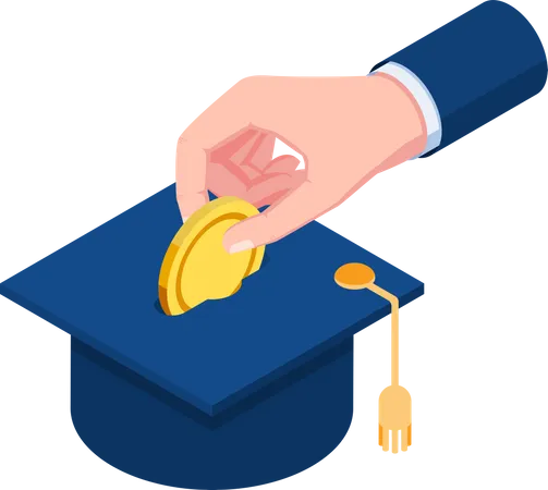 Flat 3 D Isometric Businessman Hand Putting Gold Coin Into Graduation Cap Education Savings And Investment Concept Illustration