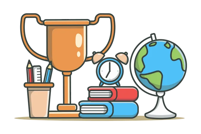 Education Concept In Flat Line Design Learning And Studying Color Outline Scene Objects Composition With Golden Win Cup Stack Of Books Globe Clock Stationery Vector Illustration With Web Icon Illustration