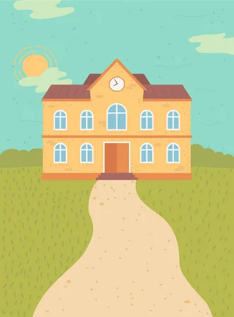 Educational Institution Vector School Building Exterior Facade Of Public College Construction With Clock On Top Sunny Day Yard With Grass Lawn And Path Back To School Concept Flat Cartoon Illustration