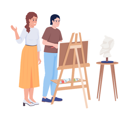 Educator teaching student portrait drawing Illustration