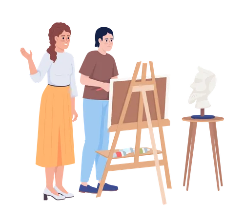 Educator teaching student portrait drawing Illustration