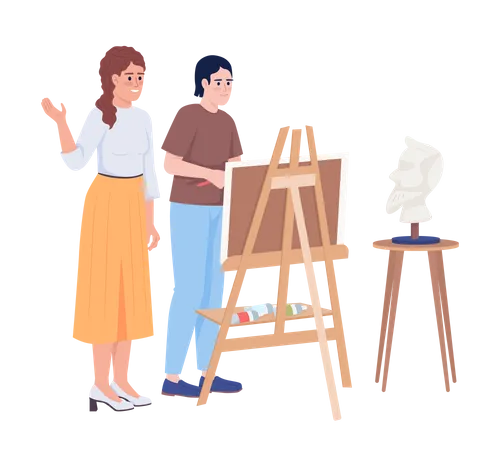 Educator teaching student portrait drawing  Illustration