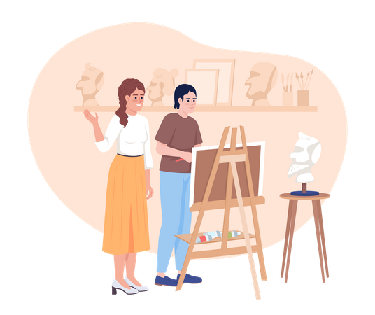 Educator teaching student portrait drawing  Illustration