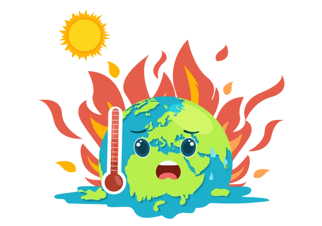 Ilustracao Em Estilo Cartoon Do Aquecimento Global Com O Planeta Terra Em Estado De Derretimento Ou Queima E Imagem Do Sol Para Prevenir Danos A Natureza E As Mudancas Climaticas Ilustração