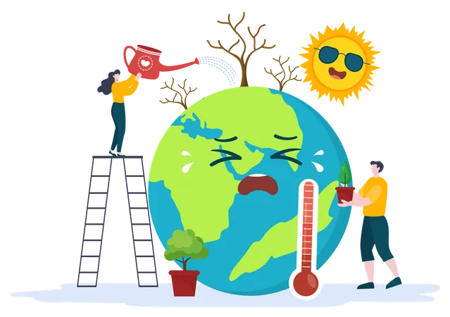 Ilustracao Em Estilo Cartoon Do Aquecimento Global Com O Planeta Terra Em Estado De Derretimento Ou Queima E Imagem Do Sol Para Prevenir Danos A Natureza E As Mudancas Climaticas Ilustração