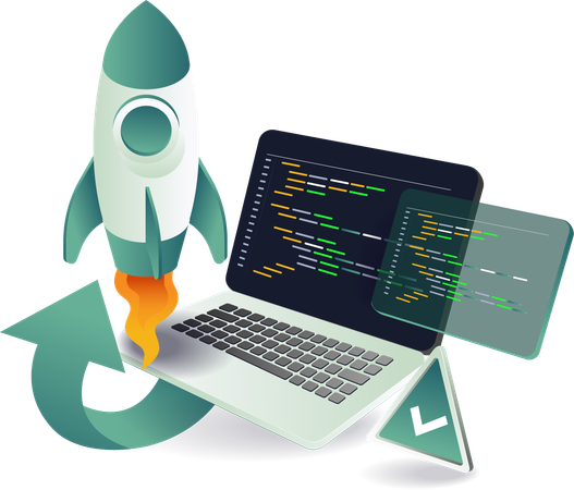 Efficient programmer computer with rocket and check mark on laptop  Illustration