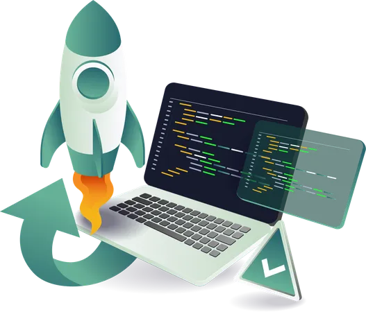 Efficient programmer computer with rocket and check mark on laptop  Illustration