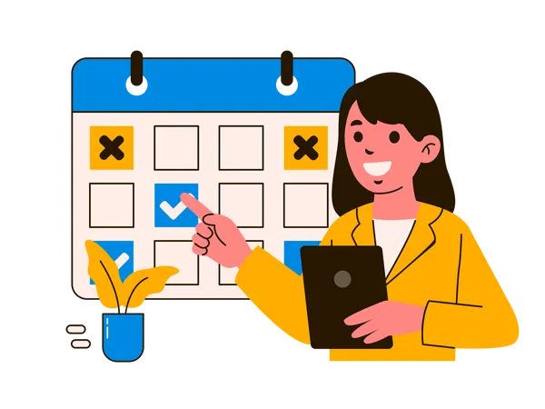 A Professional Woman In A Yellow Blazer Marks A Task On A Large Calendar Illustrating Effective Planning And Time Management Skills Illustration