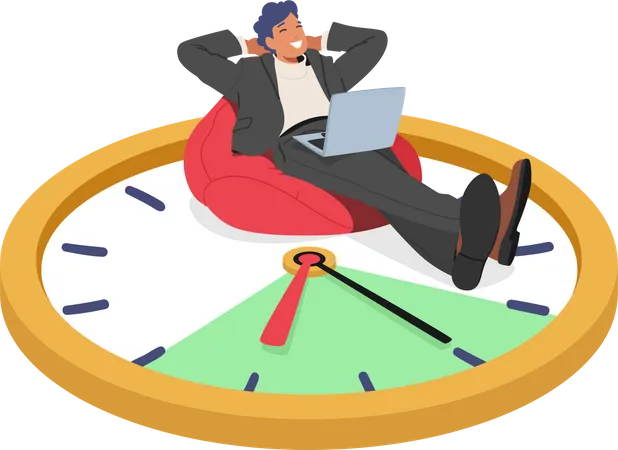 Efficient Time Management Vector Concept With Relaxed Man Lying On Giant Clock With Laptop Symbolizes Effective Planning And Organization Maximizing Productivity And Achieving A Balanced Lifestyle Illustration