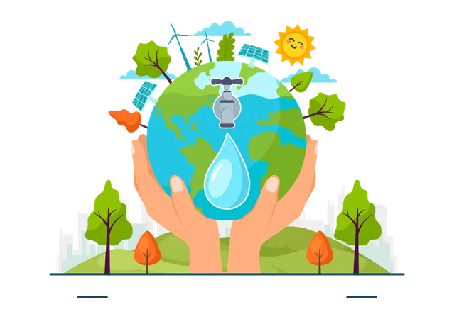 Water Saving Vector Illustration For Mineral Savings Campaign And Energy Utilization With Faucet And Earth Concept In Flat Cartoon Background Illustration