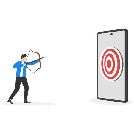 Marketing Strategy To Increase More Customers Entrepreneurship Concept Businessman Aiming Arrow To Hit At Target Coming Out Of Mobile Screen Illustration
