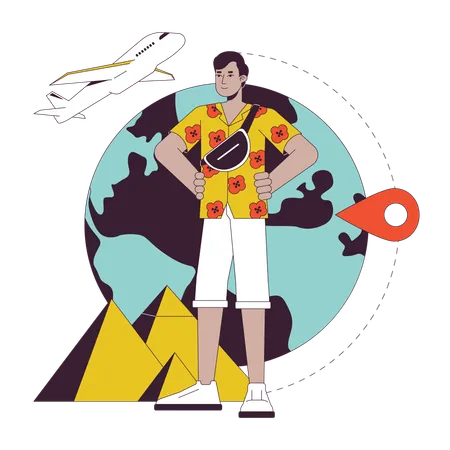 International Vacation Flat Line Concept Vector Spot Illustration Egypt Tourist Hawaiian Shirt Man 2 D Cartoon Outline Character On White For Web UI Design Editable Isolated Colorful Hero Image Illustration