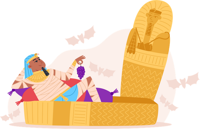 Egyptian Pharaoh siting in open sarcophagus  Illustration