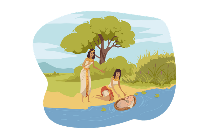 Egyptian women find Moses in the river  Illustration