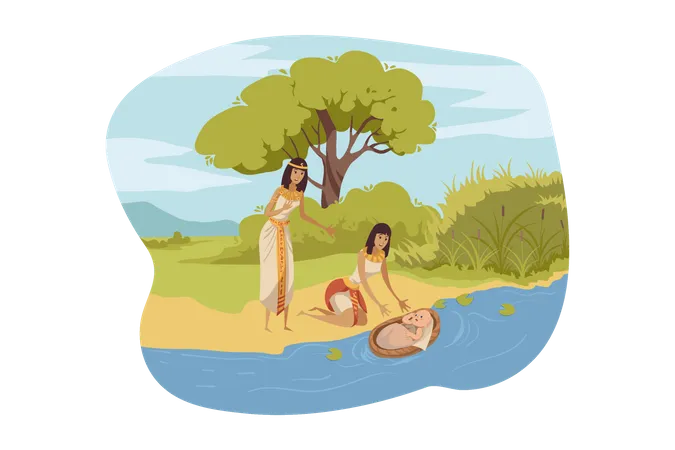 Egyptian women find Moses in the river  Illustration