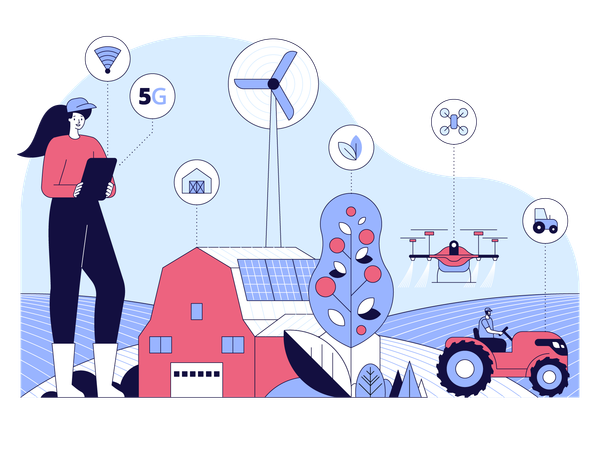 Ehemalige Verwendung intelligenter Landwirtschaftswerkzeuge im 5G-Netzwerk  Illustration