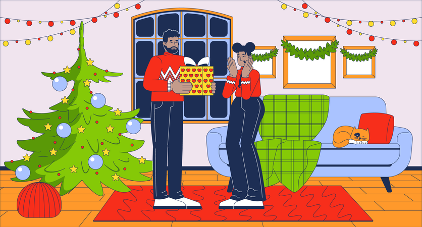 Ehemann gibt seiner Frau ein Weihnachtsgeschenk  Illustration