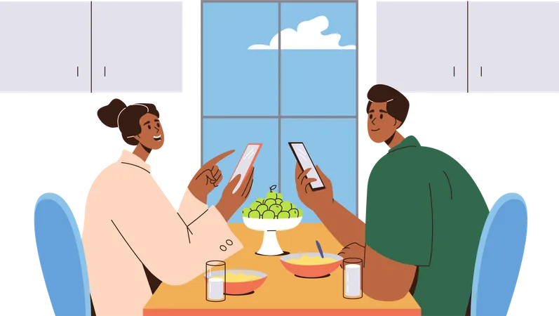 Verheiratetes Paar verbringt Zeit zusammen zu Hause, indem es ein digitales Gerät nutzt  Illustration