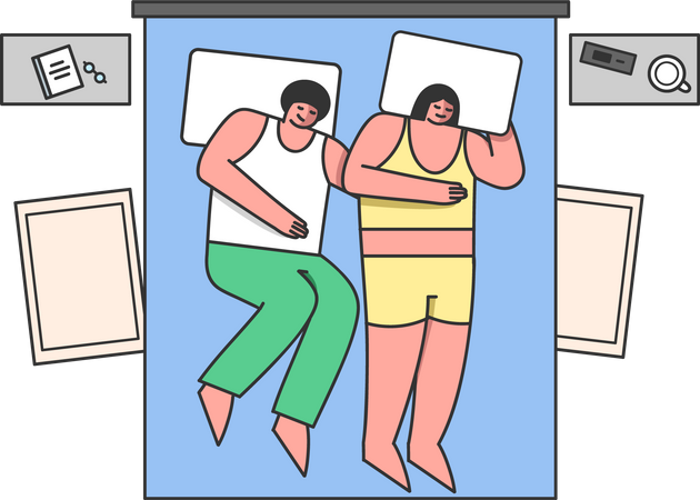 Verheiratetes Paar schläft umarmt auf dem Bett zu Hause  Illustration