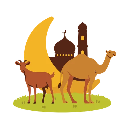 Illustration Of A Camel And A Goat With A Mosque And Crescent Moon In The Background Illustration