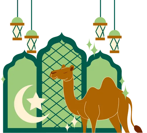 Eid al adha greating card and standing camel  Illustration