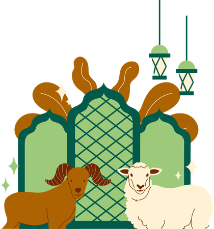 Eid al adha greating card with sheep and goat  Illustration