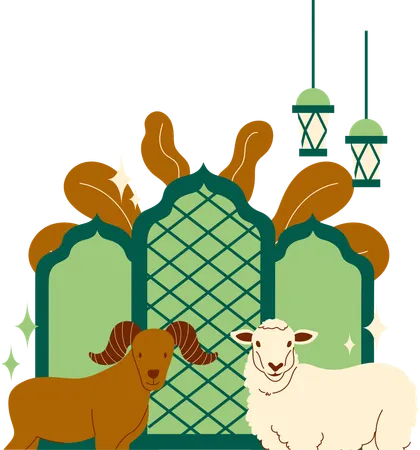 Eid al adha greating card with sheep and goat  Illustration