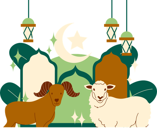 Eid al adha greating card withstanding sheep and goat  Illustration