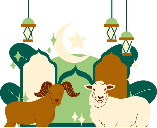 Eid al adha greating card withstanding sheep and goat  Illustration