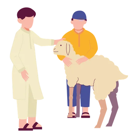 Niños y cabra de Eid Al Adha  Ilustración