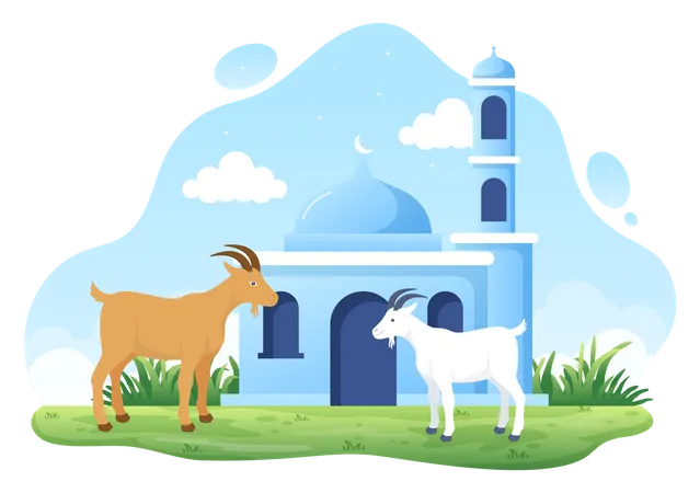 Ilustracion De Dibujos Animados De Fondo De Eid Al Adha Para La Celebracion De Los Musulmanes Con La Matanza De Un Animal Como Vaca Cabra O Camello Y Compartirlo Ilustración