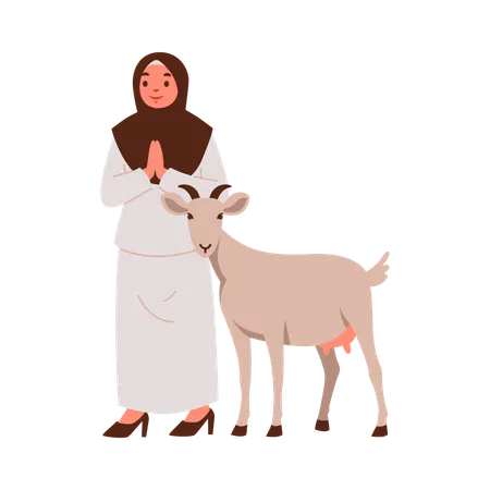 A Woman Wearing A Hijab Standing Next To A Goat Vector Illustration With A Minimalist Design And Soft Colors Illustration