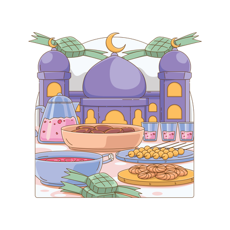 Eid food in front of mosque  Illustration