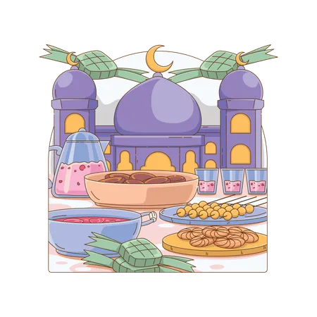 Eid food in front of mosque  Illustration