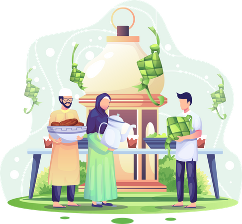 Eid Mubarak greeting with Eid foods Illustration