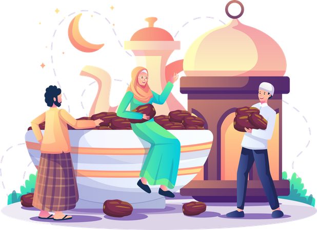 Eid Mubarak greeting with Eid foods  Illustration