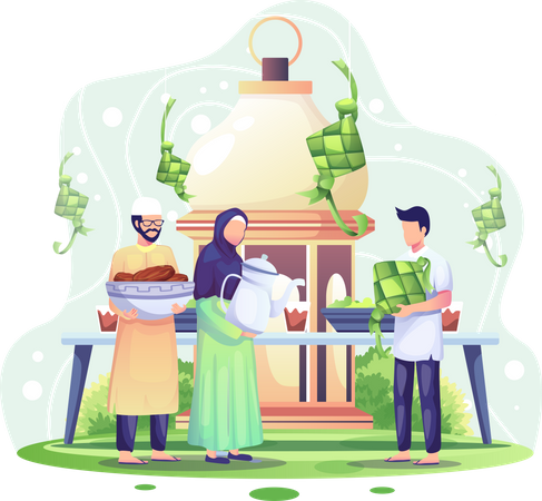 Eid Mubarak greeting with Eid foods  Illustration