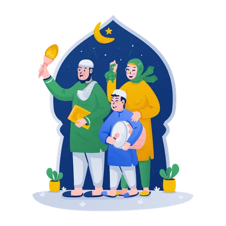 Illustration Of Muslim Family Celebrates All Night Takbir To Celebrate Of Eid Mubarak イラスト