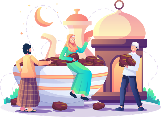 Saudação Eid Mubarak com comidas Eid  Ilustração