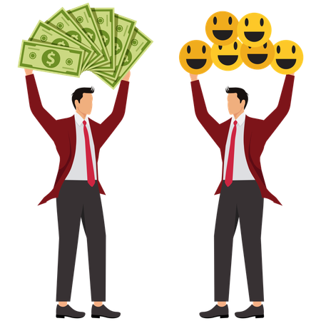 Ein Geschäftsmann hält einen Haufen Geld, ein anderer Geschäftsmann hält einen Haufen Smiley-Symbole  Illustration