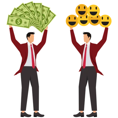 Ein Geschäftsmann hält einen Haufen Geld, ein anderer Geschäftsmann hält einen Haufen Smiley-Symbole  Illustration