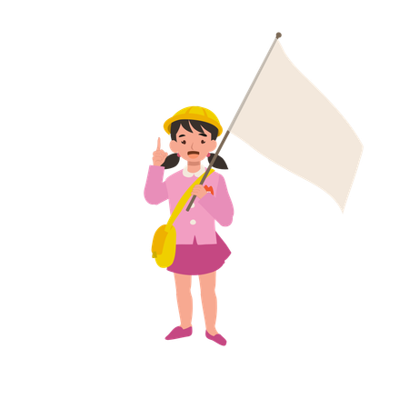 Ein junges Kindergartenmädchen in Uniform unterrichtet ihre Altersgenossen und hält dabei eine Flagge  Illustration