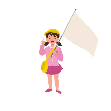 Ein junges Kindergartenmädchen in Uniform unterrichtet ihre Altersgenossen und hält dabei eine Flagge  Illustration