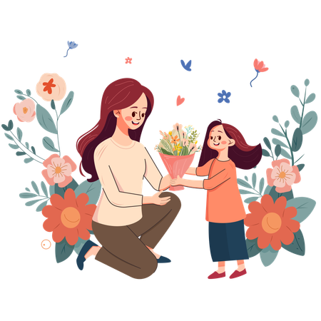 Ein Kind schenkt seiner Mutter einen Blumenstrauß  Illustration