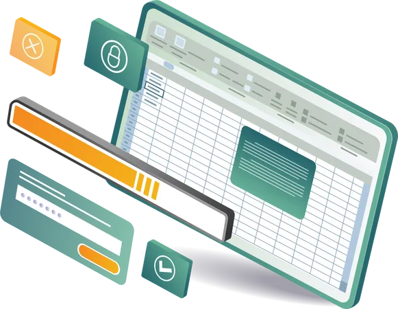 Ein Laptop, auf dem ein XLS-Dashboard mit einer Tabelle und verschiedenen Symbolen angezeigt wird  Illustration