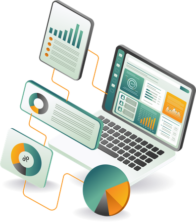 Ein Laptop, auf dem ein buntes Kreisdiagramm und verschiedene Grafiken angezeigt werden  Illustration