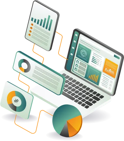 Ein Laptop, auf dem ein buntes Kreisdiagramm und verschiedene Grafiken angezeigt werden  Illustration